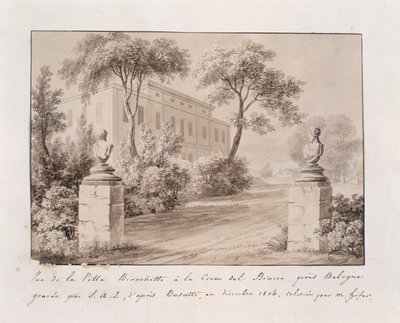 Näkymä Villa Bianchettista Croce del Biaccossa lähellä Bolognaa, kaiverrettu S.A.I. Busatin mukaan, värittänyt M. Hofer, joulukuu 1814 (värillinen kaiverrus) tekijältä French School