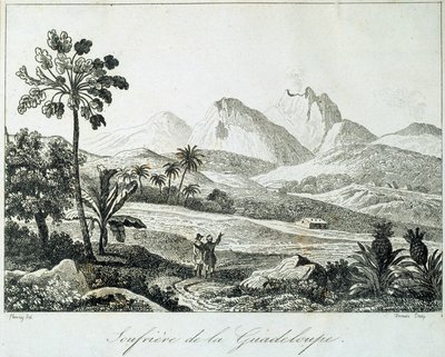 Näkymä soufriereen Guadeloupella. Kaiverrus 1800-luvulta. Chartres, Musee des Beaux Arts tekijältä French School