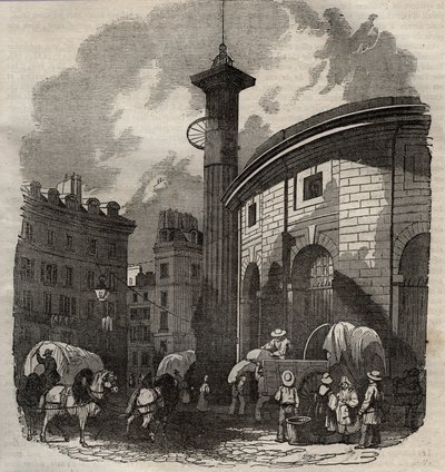 Näkymä halle au blesta Pariisissa (rakennettu 1763-1769) ja Medici-pylväästä, kaiverrus 1800-luvun alussa - vehnä- ja maissivaihto Pariisissa (rakennettu 1763-1769), kaiverrus 1800-luvun alku - Halle au ble -näkymä, sijaitsee nykyisessä Hotel de Soisissa tekijältä French School