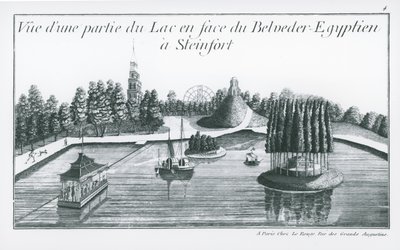 Näkymä osasta järveä Egyptin Belvederen edessä Steinfortissa, George Louis Le Rougen "Jardins Anglo-Chinois de la Mode" -julkaisusta, julkaistu 1776-90 (kaiverrus) (m/w kuva) tekijältä French School