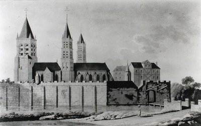 Näkymä Saint-Germain-des-Presin luostarista 1400-luvun alussa (litografia) (m/v kuva) tekijältä French School