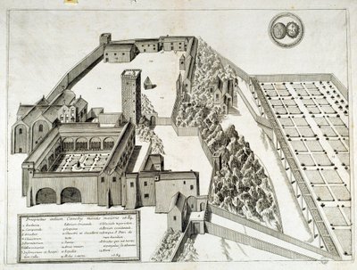 Näkymä Saint Pierre de Montmajourin (tai Mont Majourin) benediktiiniläisluostarille, perustettu vuonna 948, Arles, Ranska (kaiverrus) tekijältä French School