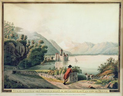 Näkymä Chateau de Chillonille, Genevejärvelle (värillinen etsaus) tekijältä French School