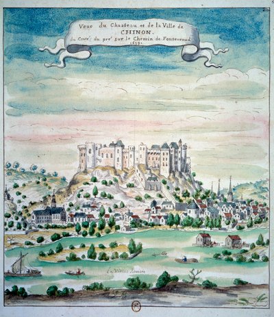 Näkymä Chateau de Chinonin akvarellille ranskalaisesta koulusta. 1699 Paris, B.N. tekijältä French School