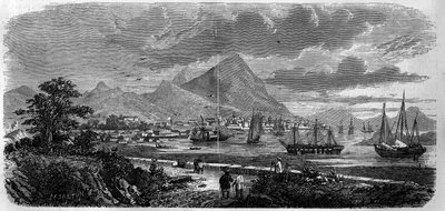Näkymä Hongkongin kaupungista (Hongkong) (Canton Bay Island) vuonna 1857. Kaiverrus "" Le Monde Illustré" -julkaisussa nro 29, 31. lokakuuta 1857. tekijältä French School