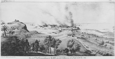 Näkymä ranskalaisesta La Callen laitoksesta, jonka arabit polttivat ja tuhosivat 18. kesäkuuta 1827, kuva Atlas de lapercu historique, statistique et topographique sur letat dAlgerista, lusage tekijältä French School