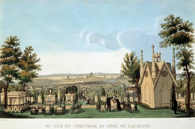 Näkymä Pere Lachaisen hautausmaalta Pariisissa. Nimetön 1800-luvun litografia. Yksityinen kokoelma tekijältä French School