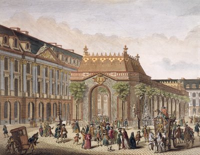 Näkymä Place de Louis le Grand -aukiolle, jossa yksi huoneista on rakennettu Monseigneur le Dauphinin hääjuhlaa varten (yksityiskohta 101866) (värikaiverrus) tekijältä French School