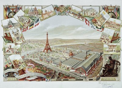 Näkymä yleisnäyttelyyn eri paviljongien ja Eiffel-tornin kanssa tekijältä French School