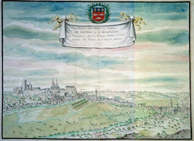 Näkymä Lochesin linnalle Näkymä Beaulieu les Lochesille Indren ja Loiren alueella. Ranskalaisen koulun akvarelli. 1699 Paris, B.N. tekijältä French School