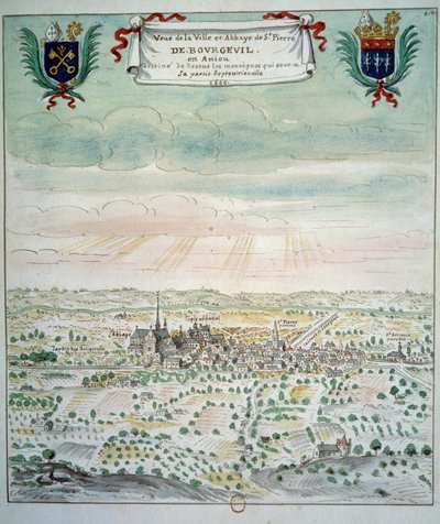 Näkymä kaupunkiin ja Saint Pierre de Bourgueilin luostarille Akvarelli ranskalaisesta koulusta. 1699 Paris, B.N. tekijältä French School