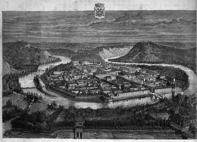 Näkymä Besanconin kaupunkiin Doubsissa. Kaiverrus vuodelta 1880 yksityisessä "La republique illustree" -kokoelmassa. tekijältä French School