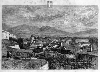 Näkymä Chamberyn kaupunkiin Savoyssa. Kaiverrus vuodelta 1880 yksityisessä "La republique illustree" -kokoelmassa. tekijältä French School
