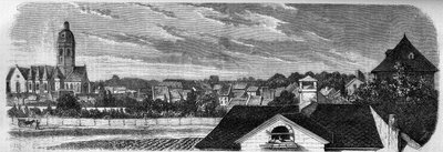 Näkymä Kastrichin kaupungin alueelta Mainzissa (Saksa), ennen ruutitynnyrin räjähdystä vuonna 1857. Valokuvasta. Kaiverrus "" Le Monde Illustré" -julkaisussa nro 36, 19. joulukuuta 1857. tekijältä French School