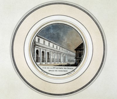 Näkymä Royal School of Surgeryn sisäänkäynnistä - litografia tekijältä French School