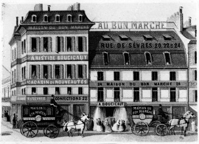 Näkymä Bon Marché Storen ulkopuolelta, rue de Sèvres, Pariisi, n. 1869 tekijältä French School