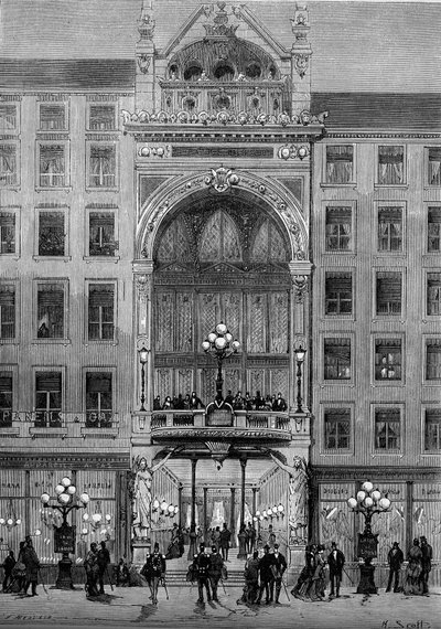 Näkymä Jules Chatronin (1831-1884) vuonna 1879 rakentaman Bellecour-teatterin julkisivusta Lyonissa. Kaiverrus "" Le Monde Illustré" -julkaisussa nro 1176, 11. lokakuuta tekijältä French School