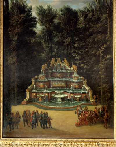 Näkymä Vesibuffetin suihkulähteelle Suuren Trianonin puutarhassa vuonna 1713. Etualalla: Ludvig XIV Promenade Peinture de Charles Chatelainilla. 1700-luvulla. Himmeä. 2,96x1,42 m. Versailles, Versaillesin linnat ja Trianon tekijältä French School