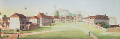 Näkymä jalkaväen kasarmeista Cayennessa, Ranskan Guyanassa, n. 1840 (wc paperilla) tekijältä French School