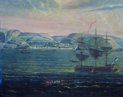 Näkymä Pyhän Helenan saarelle, n. 1820 (wc ja guassi paperilla) (katso myös 182640) tekijältä French School