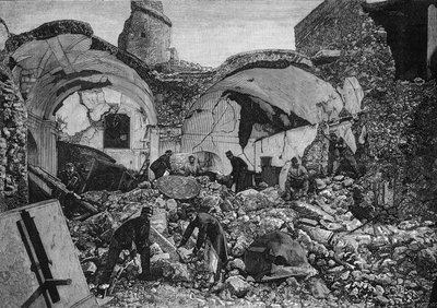 Näkymä Chiese del Purgatorion raunioista, jotka tuhoutuivat vuoden 1881 maanjäristyksessä Ischian saarella (Italia). Quesnelin kaiverrus kirjassa "" The Illustrous World"" nro 1254, 9. huhtikuuta 1881. tekijältä French School