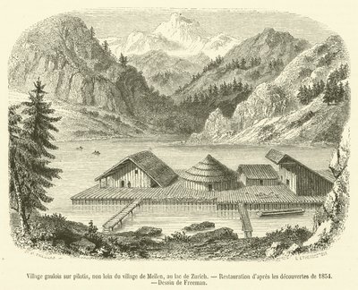 Gallialainen kylä paalujen päällä, lähellä Meilenin kylää, Zürich-järven rannalla (kaiverrus) tekijältä French School