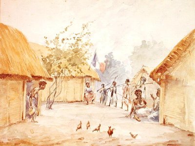 Kylä Madagaskarilla Ranskan valloituksen aikoihin 1895-96 (akvarelli paperille) tekijältä French School
