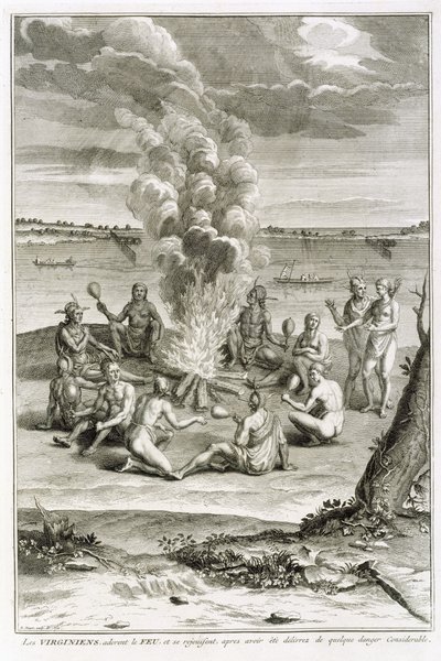 Tulta palvovat ja iloitsevat Virginialaiset, jotka on vapautettu suuresta vaarasta, kuvitus uskonnollisista seremonioista ja tavoista, kaiverrettu Bernard Picart (1673-1733) 1721 tekijältä French School