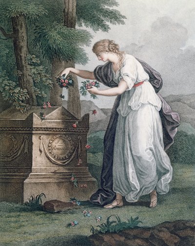 Hyve osoittaa kunnioitusta Rousseaus-haudalla, Ermenonvillessä (Tombeau de Jean Jacques Rousseau), 1866 (käsinvärinen pistekaiverrus) tekijältä French School