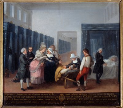 Monsieur ja Madame Neckerin vierailu hyväntekeväisyyskodissa Tämä on sairaala (nykyisin Neckerin sairaala Pariisissa), jonka ministeri ja hänen vaimonsa, Lettresin vaimo, perustivat vuonna 1778. Ranskalaisen koulun maalaus. 1700-luvulla. Pariisi, Musee de  tekijältä French School