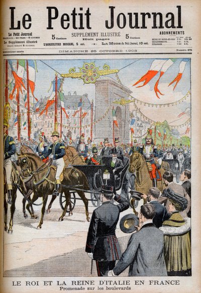 Italian kuninkaan ja kuningattaren vierailu Ranskassa. Italian kuningas ja kuningatar Ranskassa. Promenade bulevardeilla Ranskan tasavallan presidentin Emile Loubetin kanssa - Kuvitus Le petit Journalille, 25. lokakuuta 1903 - Victor Emmanuel III (Victor-E tekijältä French School