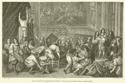 Ludvig XIV:n vierailu Manufacture des Gobelinsissa vuonna 1677 (kaiverrus) tekijältä French School