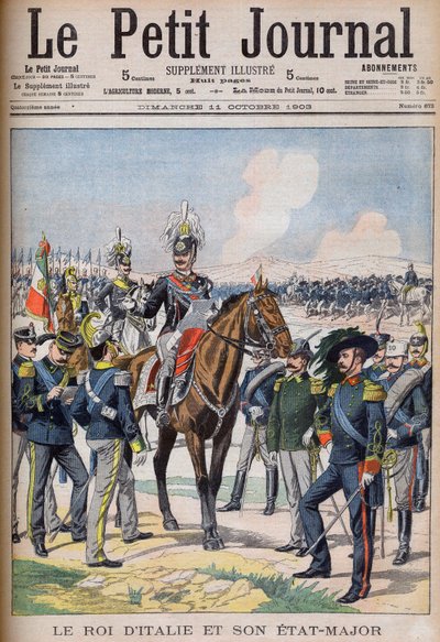 Vittorio Emanuele III di Savoia - Italian kuningas Viktor Emmanuel III ja hänen kenraalinsa. Italian kuningas ja hänen esikuntansa. Kuvitus Le petit Journalille tekijältä French School
