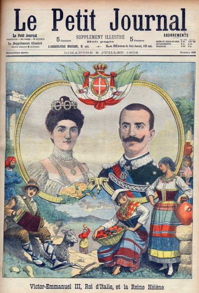 Vittorio Emanuel III ja Savoian Helena - Italian kuningas Viktor Emmanuel III ja kuningatar Helena. Victor Emmanuel III, Italian kuningas ja kuningatar Helene. Kuva Le petit Journalille, 5. heinäkuuta tekijältä French School