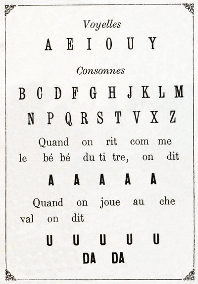 Vokaalit ja Cononne kirjassa "Alphabet des petits savants", 1800-luvun loppu (kromolitografia) tekijältä French School