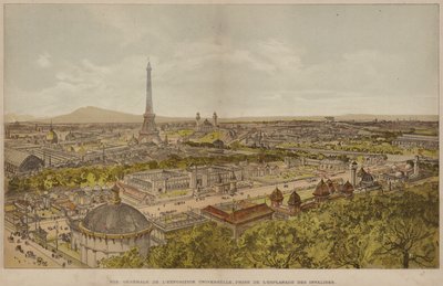 Yleisnäkymä yleisnäyttelystä, otettu Esplanade des Invalidesista (värillinen kaiverrus) tekijältä French School
