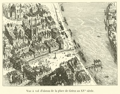 Lintuperspektiivistä Place de Greve 1400-luvulla tekijältä French School