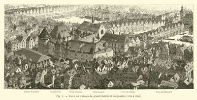 Lintuperspektiivistä Grand Chatelet ja Quartier, 1550-1696 tekijältä French School