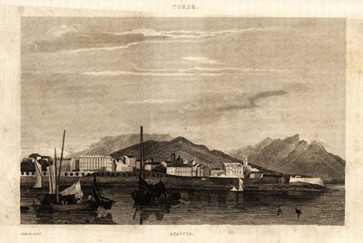 Näkymä Ajacciosta, Korsikasta, kaiverrus vuodelta 1836. tekijältä French School