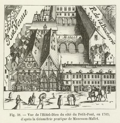 Näkymä Hôtel-Dieulle Petit-Pontin puolelta, vuonna 1702; Manesson-Malletin käytännön geometrian mukaan tekijältä French School