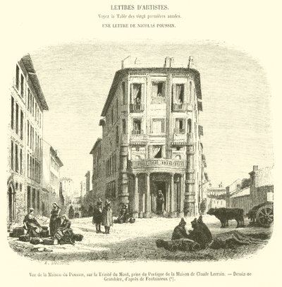 Näkymä Maison du Poussinista, Trinite du Montilla, otettu Claude Lorrainin talon porticosta (kaiverrus) tekijältä French School