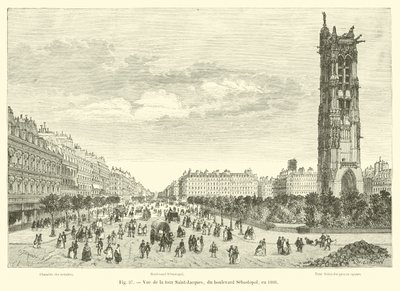 Näkymä Tour Saint-Jacquesille Boulevard Sebastopol -kadulta vuonna 1866 tekijältä French School