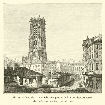 Näkymä Saint-Jacques-tornille ja Cour du Commerce -kadulle, otettu rue des Arcisilta ennen vuotta 1830 tekijältä French School