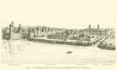 Näkymä Hôtel de Nesleen, Pre aux Clercsiin ja Saint-Germain des Presiin 1300-luvulla tekijältä French School