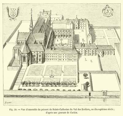 Yleisnäkymä Sainte-Catherine du Val des Ecoliersin luostarista 1700-luvulla; Cochinin kaiverruksesta tekijältä French School