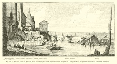 Näkymä palatsin torneista ja väliaikaisesta kävelysillasta Pont au Change -palon jälkeen vuonna 1621, piirroksesta Bonnardot-kokoelmasta tekijältä French School