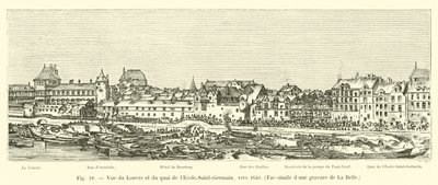 Näkymä Louvresta ja Quai de lEcole-Saint-Germainista, noin 1640, faksimile kaiverruksesta La Bellestä tekijältä French School
