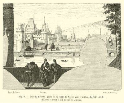 Näkymä Louvrelle, Porte de Neslesistä 1400-luvun puolivälissä, Palais de Justice -alttaritaulun jälkeen tekijältä French School