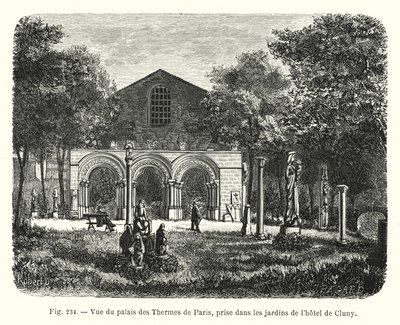 Näkymä Palais des Thermesiin Pariisissa, otettu Hôtel de Clunyn puutarhasta (kaiverrus) tekijältä French School