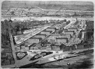Ulkokuva Nantesissa sijaitsevasta Hotel Dieusta (Hotel-Dieu), joka vihittiin käyttöön vuonna 1863. Tämä sairaala tuhoutui lähes kokonaan pommituksissa vuonna 1943. Loire Atlantique (44). Kaiverrus ""Le Monde Illustre" -julkaisussa nro 347, 5. joulukuuta 18 tekijältä French School